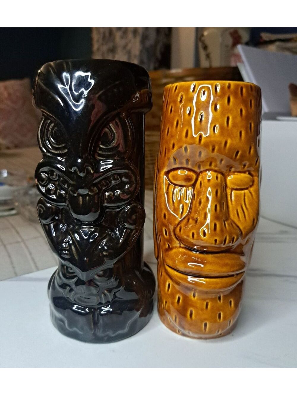 Vintage Lot of 2 1950's-60's Tiki Mugs Orchids of Hawaii Kahiki Moai Tumbler